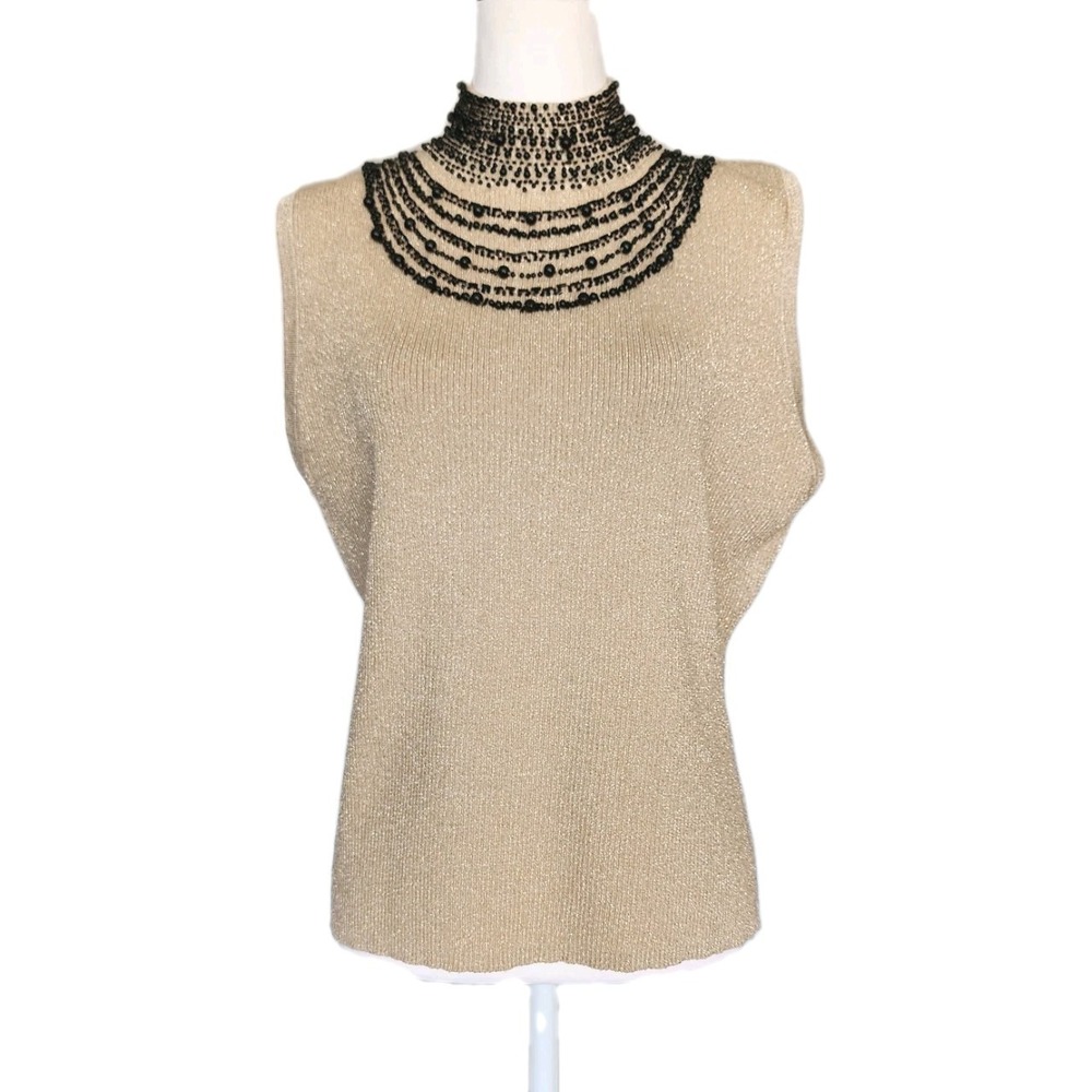 Grace Elements Top Womens XL Gold Sparkle Sleeveless Silk Blend Beaded Party NEW